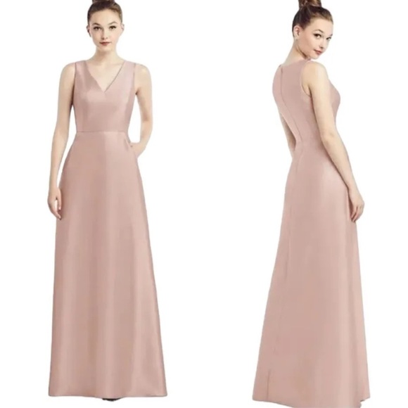 Alfred Sung D778 Toasted Sugar Pink Sleeveless V-Neck Satin Gown Size 0 NWT - Picture 3 of 8